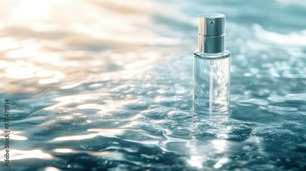 Cosmetic bottle lying on a bed of smooth water, with natural light illuminating the scene. Skin hydration with hyaluronic acid. Selective focus. Cosmetic bottle lying on a bed of smooth water, with natural light illuminating the scene. Skin hydration with hyaluronic acid. Selective focus.
