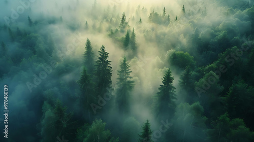 An aerial view of a misty forest with tall pine trees reaching for the sky.