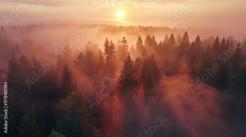 A forest with fog at sunrise.