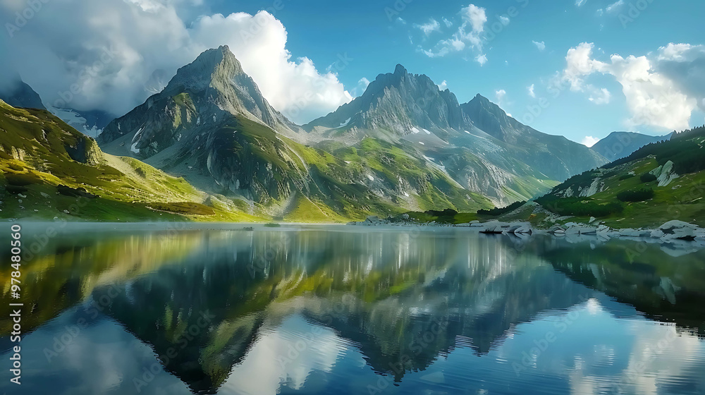 Mountain lake reflecting the blue sky and clouds. Mountain lake reflecting the blue sky and clouds.