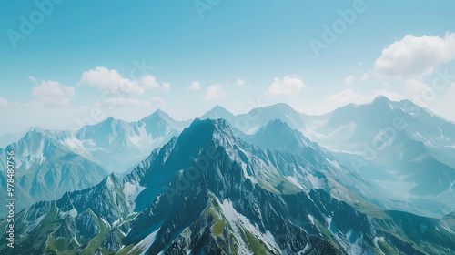 A panoramic view of snow-capped mountains against a clear blue sky.