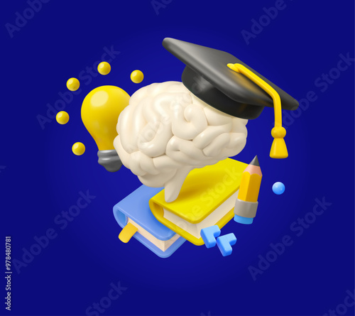 School or university science education concept. Vector 3d cartoon brain in graduation hat with light bulb and books isolated on dark background. Biology or anatomy class icon design