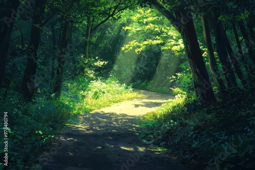 A Serene Nature Walk Along A Winding Forest Path, With Soft Sunlight Filtering Through The Trees And Casting A Warm Glow On The Lush Greenery. Cozy Vibe, Generative AI