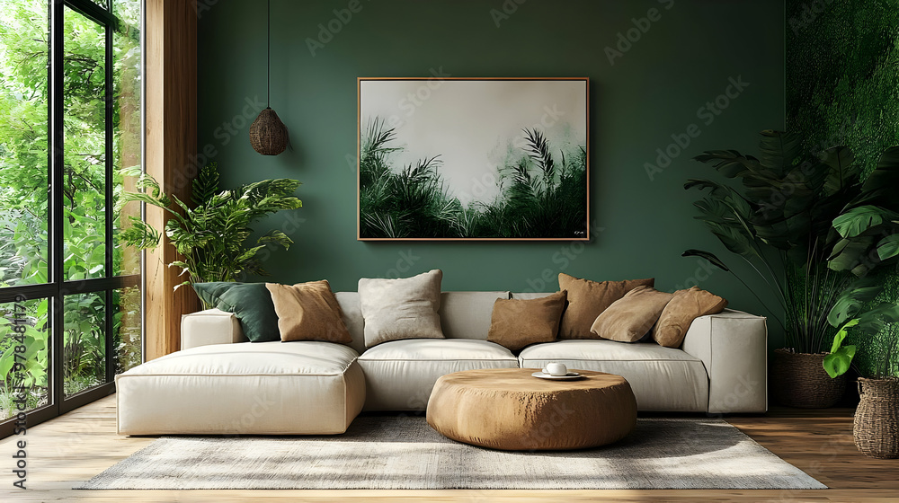 Green Living Room Interior Design with Plants and Artwork Green Living Room Interior Design with Plants and Artwork