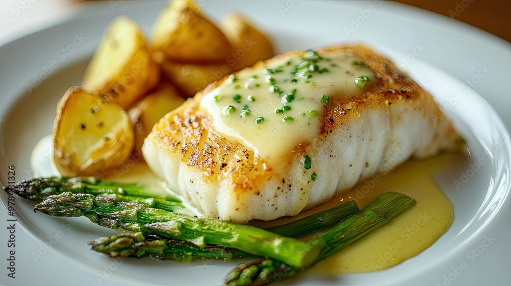 Delicately cooked cod fillet on a white plate, topped with a lemon butter sauce and served with a side of steamed asparagus and crispy potatoes. Delicately cooked cod fillet on a white plate, topped with a lemon butter sauce and served with a side of steamed asparagus and crispy potatoes.
