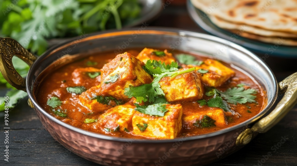 Delicious Kadai Paneer in a vibrant tomato gravy, served with crispy lachcha parantha and garnished with cilantro. A perfect Indian meal. Delicious Kadai Paneer in a vibrant tomato gravy, served with crispy lachcha parantha and garnished with cilantro. A perfect Indian meal.