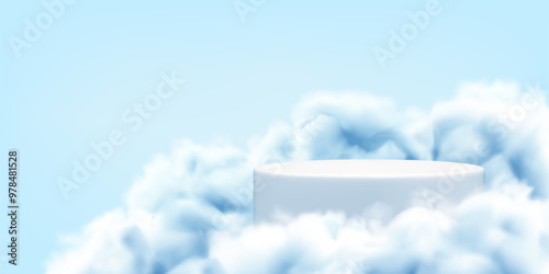 Podium in sky realistic background. Platform for product display in clouds or blue smoke. Vector 3d stand mockup in white fog