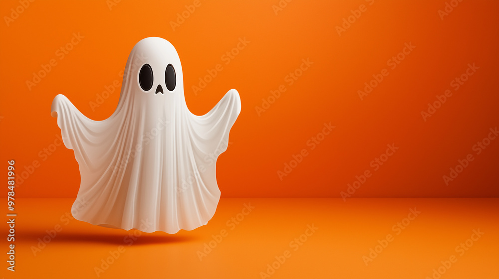 A cheerful ghost floats against a bright orange backdrop, creating an inviting atmosphere ideal for Halloween-themed projects and copy space A cheerful ghost floats against a bright orange backdrop, creating an inviting atmosphere ideal for Halloween-themed projects and copy space