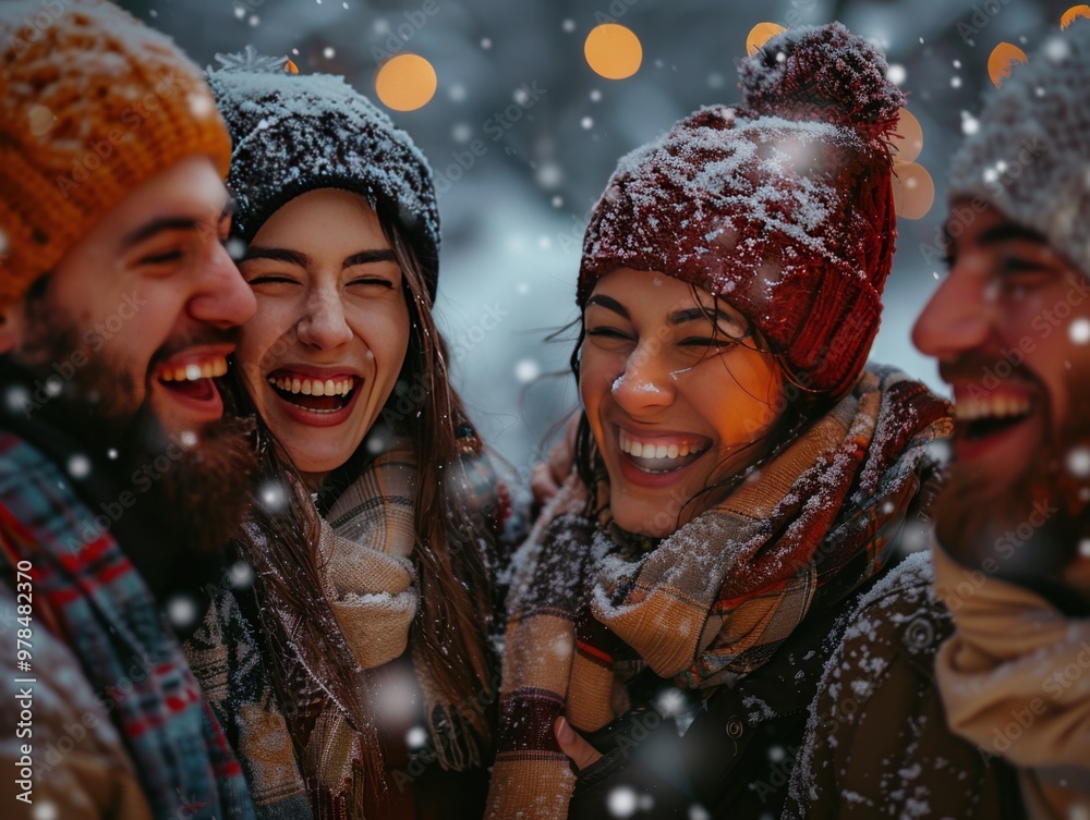 Group of friends laughing and enjoying a snowy winter day outdoors, dressed in warm clothing, knit hats, and scarves in a festive atmosphere. Group of friends laughing and enjoying a snowy winter day outdoors, dressed in warm clothing, knit hats, and scarves in a festive atmosphere.
