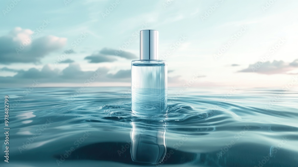 Elegant cosmetic bottle suspended above a serene water surface. Ripple effects and reflections enhance hydration concept. Hyaluronic acid featured. Elegant cosmetic bottle suspended above a serene water surface. Ripple effects and reflections enhance hydration concept. Hyaluronic acid featured.