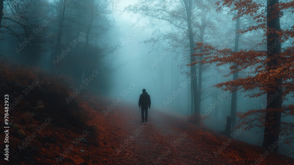 In the heart of a fog-laden forest, a lone figure emerges, evoking an eerie sense of mystery among the dense trees.