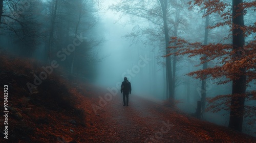 Obraz na płótnie In the heart of a fog-laden forest, a lone figure emerges, evoking an eerie sense of mystery among the dense trees. w salonie