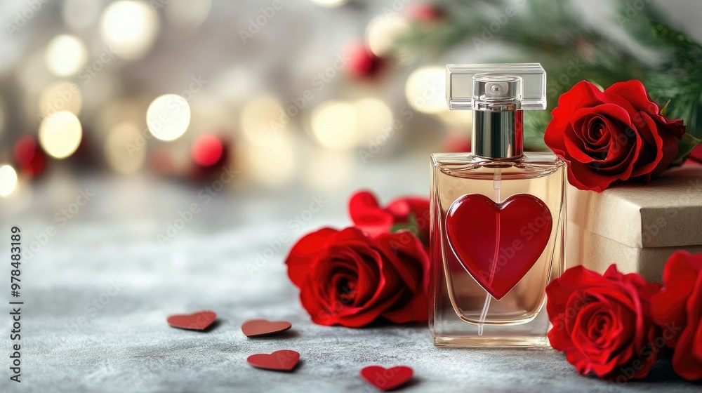 Elegant display of a perfume bottle, red heart, and roses, placed alongside a gift box on a soft background, capturing Valentine's Day charm Elegant display of a perfume bottle, red heart, and roses, placed alongside a gift box on a soft background, capturing Valentine's Day charm