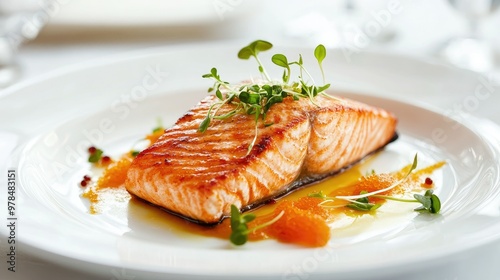 Elegant dish of seared salmon fillet on a white plate, garnished with microgreens and drizzled with a delicate citrus sauce, presented in a fine dining setting.