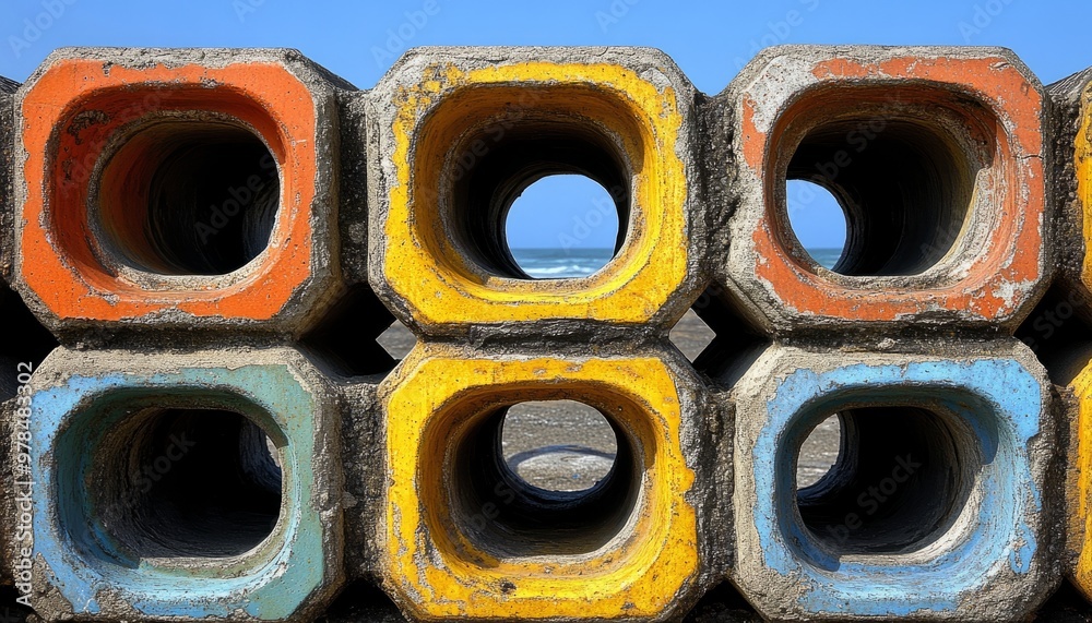 Colorful Concrete Blocks with Ocean View Through Holes Colorful Concrete Blocks with Ocean View Through Holes