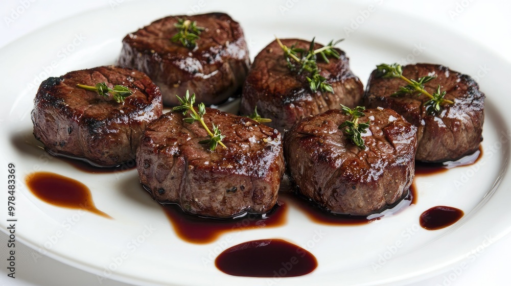 Elegant gourmet presentation of tender beef medallions on a white plate, drizzled with a red wine reduction and garnished with fresh herbs, on a clean, neutral backdrop. Elegant gourmet presentation of tender beef medallions on a white plate, drizzled with a red wine reduction and garnished with fresh herbs, on a clean, neutral backdrop.