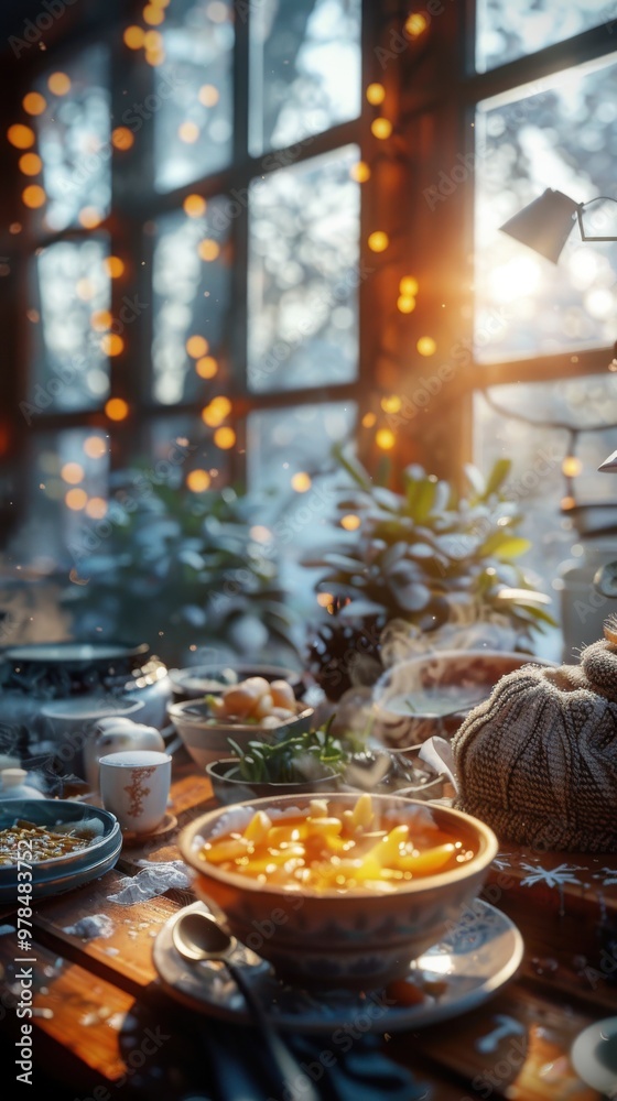 Cozy winter morning with breakfast table, fairy lights, and a snowy window. Perfect for holiday or seasonal themes. Cozy winter morning with breakfast table, fairy lights, and a snowy window. Perfect for holiday or seasonal themes.