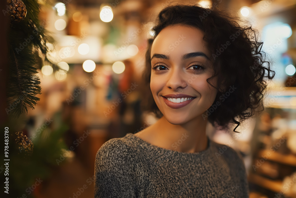 Smiling woman in cozy cafe with festive bokeh lights and casual sweater Smiling woman in cozy cafe with festive bokeh lights and casual sweater