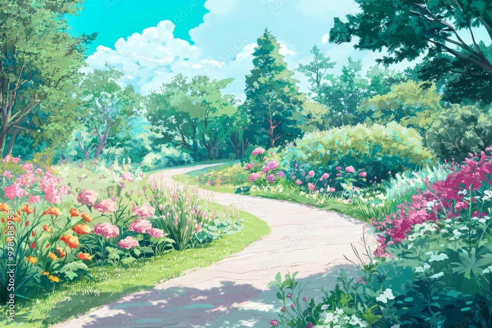 Fototapeta premium A Serene Nature Walk Through A Sunlit Orchard, With Rows Of Fruit Trees And The Warm Light Creating A Cozy, Inviting Atmosphere. Cozy Vibe, Generative AI