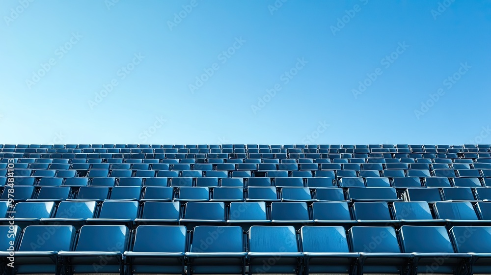 Fototapeta premium Empty rows of stadium seats in an outdoor arena, awaiting fans for a football or soccer game under clear skies.