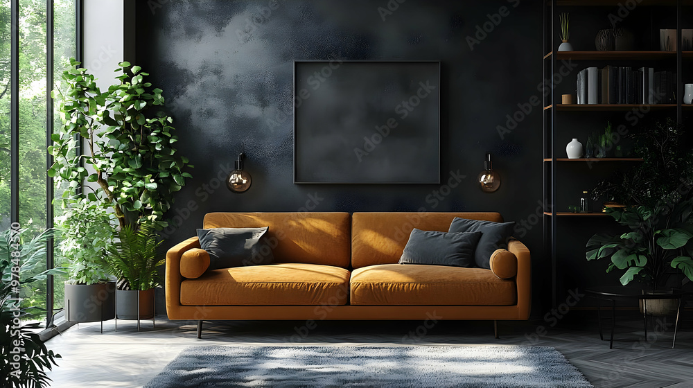 Modern Living Room Design with Dark Walls, Orange Couch, and Plants Modern Living Room Design with Dark Walls, Orange Couch, and Plants