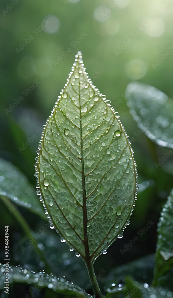 A nature-inspired mobile wallpaper featuring a single, detailed leaf covered in morning dew, set against a blurred forest background in soft green tones A nature-inspired mobile wallpaper featuring a single, detailed leaf covered in morning dew, set against a blurred forest background in soft green tones