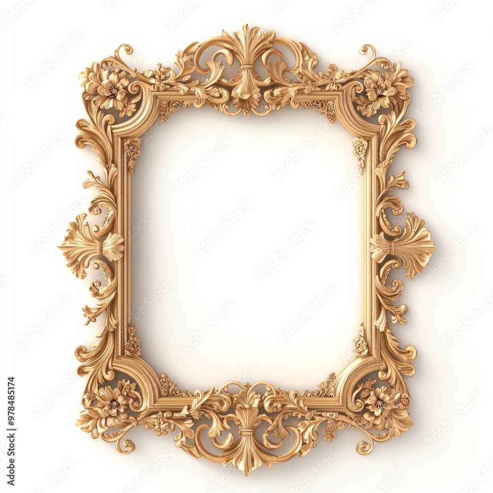 3D gold ornate frame with intricate floral swirl patterns and decorative scrollwork, isolated on a white background 3D gold ornate frame with intricate floral swirl patterns and decorative scrollwork, isolated on a white background