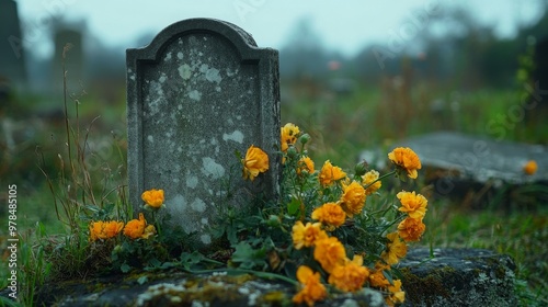 Amid the cold stillness of the cemetery, a cross headstone is framed closely, with vibrant yellow flowers offering a gentle contrast.