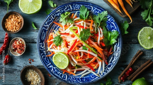 Wallpaper Mural Flat lay of a colorful plate of papaya salad, garnished with chilies and lime, served alongside sticky rice and fresh vegetables. Torontodigital.ca