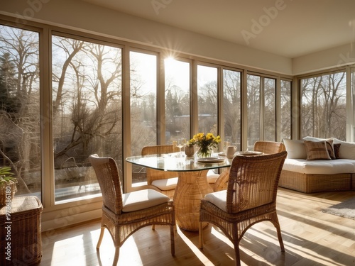 Sunlit Dining Room with Wicker Chairs and Glass Table