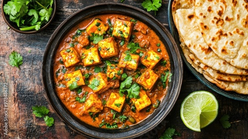 Flat lay of Kadai Paneer, garnished with coriander, served with golden lachcha parantha and fresh lime wedges on the side. photo