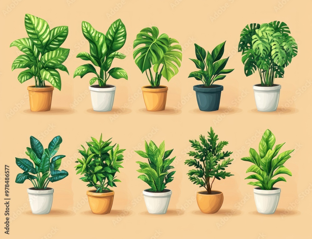 Potted Plants Illustration: A Collection of Green Houseplants in White and Brown Pots Potted Plants Illustration: A Collection of Green Houseplants in White and Brown Pots