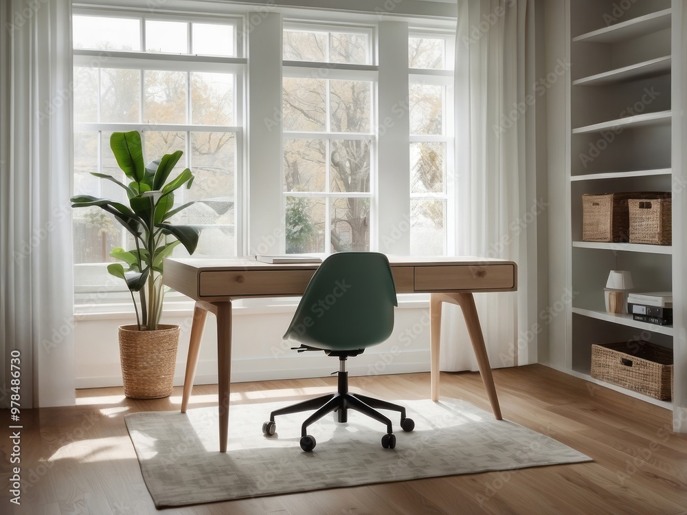 Modern Home Office with Wooden Desk and Green Chair Modern Home Office with Wooden Desk and Green Chair