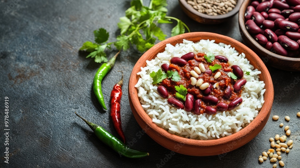 Flat lay of Rajma red bean masala with rice in a clay bowl on a concrete table, accompanied by red beans, green chilies, and cumin seeds. A flavorful Indian meal. Flat lay of Rajma red bean masala with rice in a clay bowl on a concrete table, accompanied by red beans, green chilies, and cumin seeds. A flavorful Indian meal.