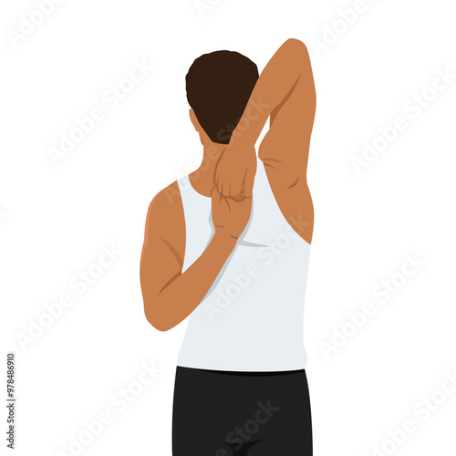 Young man doing cow head pose back and shoulders stretching. Flat vector illustration isolated on white background