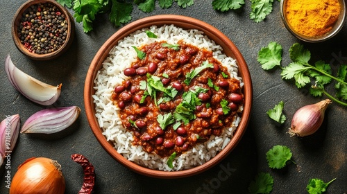 Flat lay of Rajma red bean masala with rice in a clay bowl, surrounded by spices, onions, and fresh cilantro on a rustic concrete table. A hearty North Indian meal.