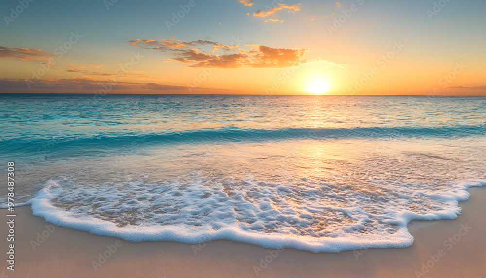 Obraz premium Crystal-clear turquoise waters with gentle waves lapping at a pristine beach under a golden sunset