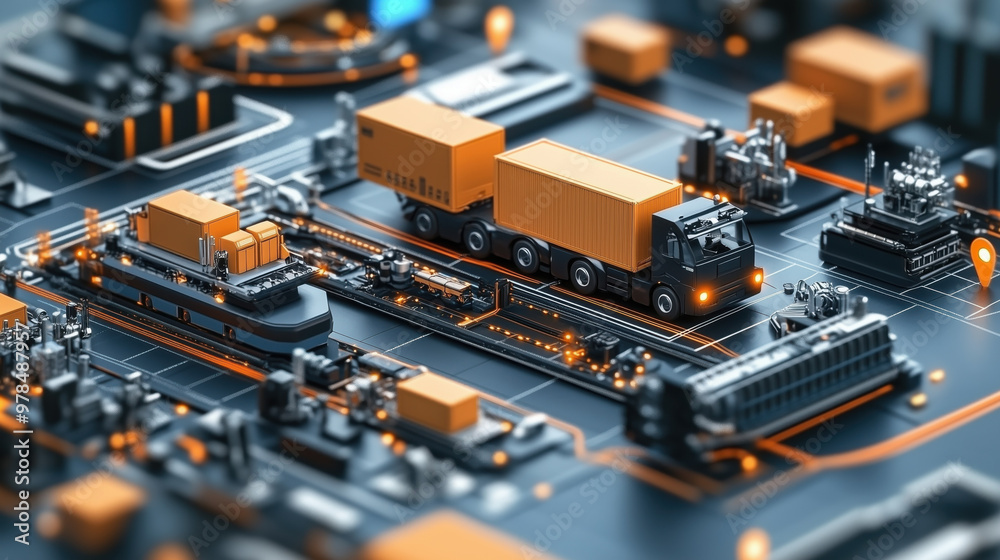Efficient supply chain with tracking icons and logistics elements Efficient supply chain with tracking icons and logistics elements