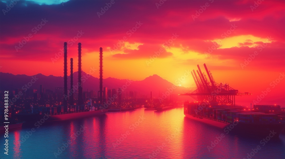 A vibrant sunset over logistics plant with smokestacks and mountains A vibrant sunset over logistics plant with smokestacks and mountains