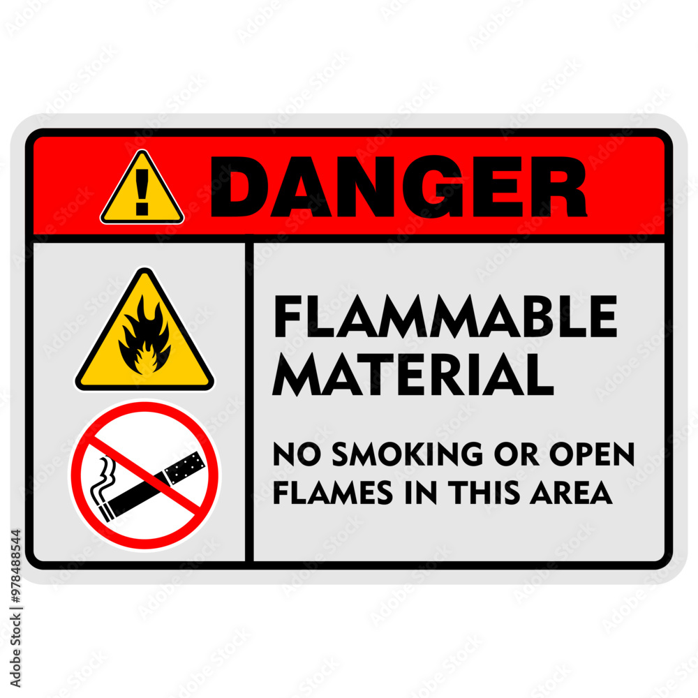 DANGER, Flammable Material, no smoking or open flames in this area, sign vector DANGER, Flammable Material, no smoking or open flames in this area, sign vector