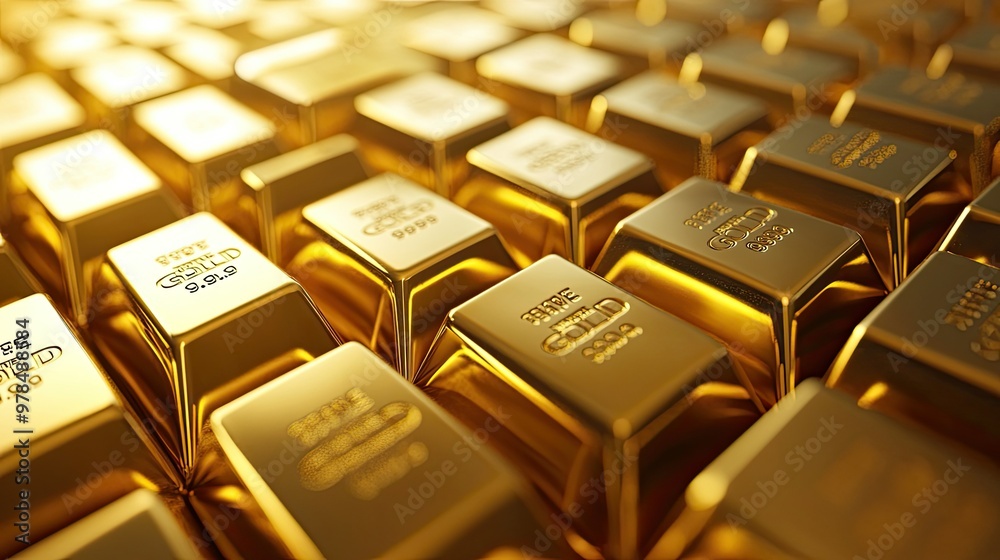 Full stacks of gold bars, arranged in perfect order, reflecting bright light. The markings of weight and purity emphasize their high value and financial significance Full stacks of gold bars, arranged in perfect order, reflecting bright light. The markings of weight and purity emphasize their high value and financial significance