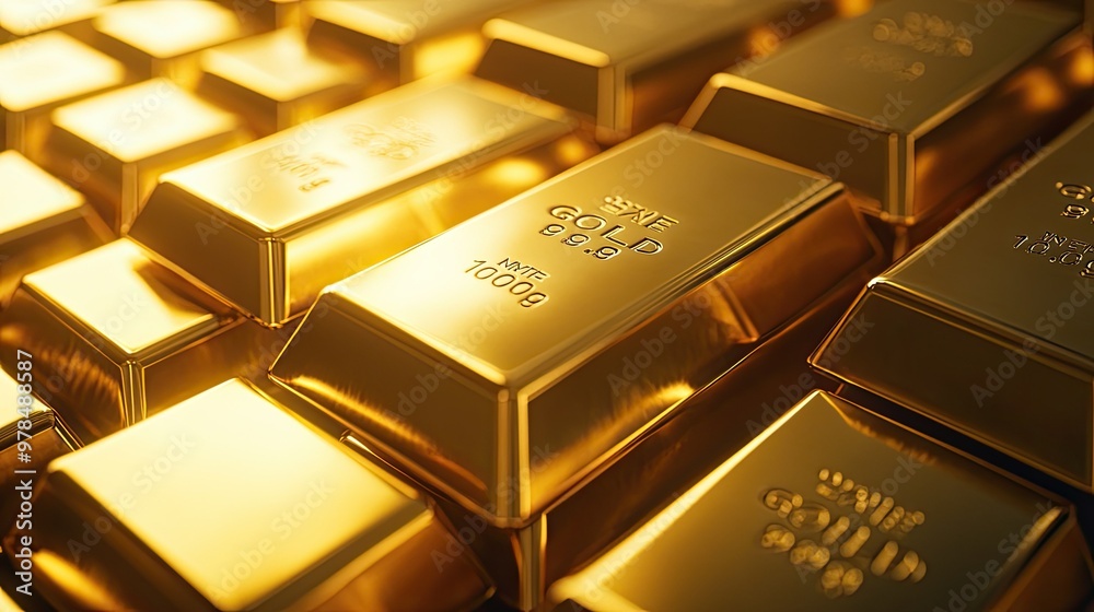 Full stacks of gold bars, arranged in perfect order, reflecting bright light. The markings of weight and purity emphasize their high value and financial significance Full stacks of gold bars, arranged in perfect order, reflecting bright light. The markings of weight and purity emphasize their high value and financial significance