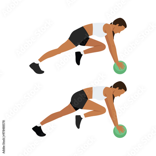Young woman doing Medicine ball mountain climber. Flat vector illustration isolated on white background