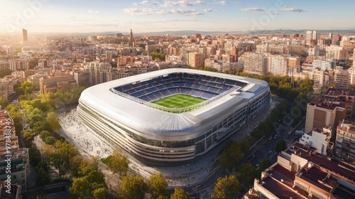 Full stadium view of Santiago Bernabeu, featuring the extended upper deck with a modern backdrop of Madridaes urban landscape.