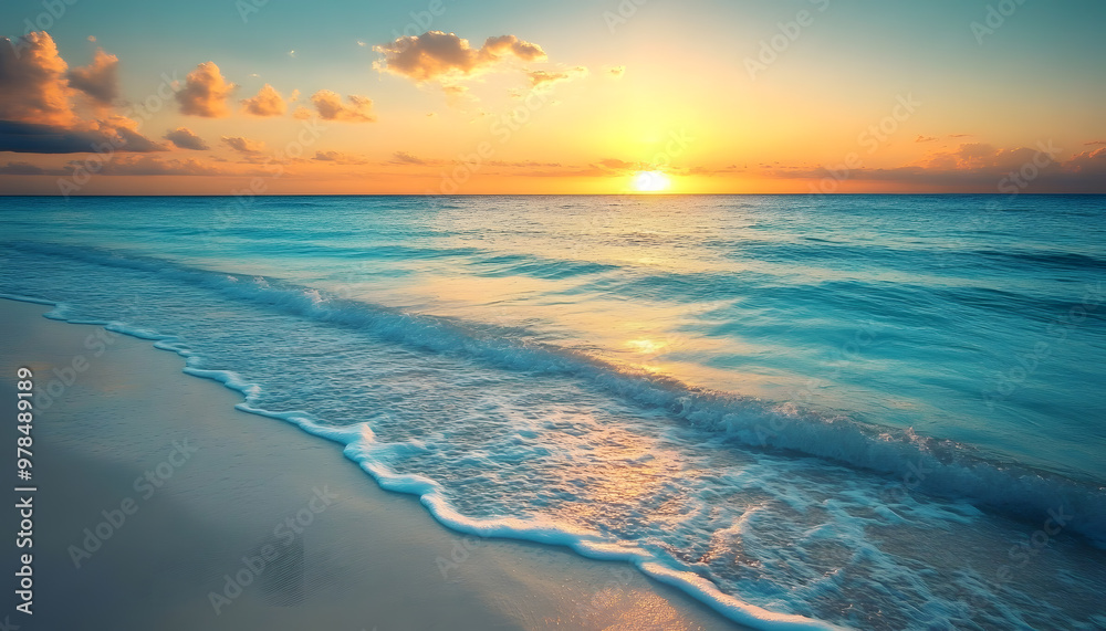 Fototapeta premium Crystal-clear turquoise waters with gentle waves lapping at a pristine beach under a golden sunset