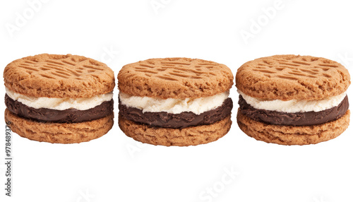 Three chocolate and vanilla ice cream sandwiches with a crispy cookie exterior.