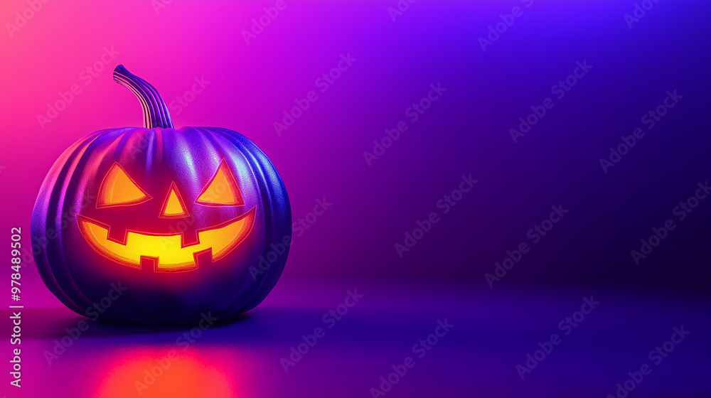 A vibrant Halloween pumpkin with a glowing face sits against a striking purple and blue background, creating a playful and festive atmosphere, copy space A vibrant Halloween pumpkin with a glowing face sits against a striking purple and blue background, creating a playful and festive atmosphere, copy space