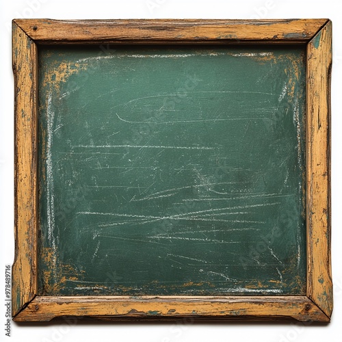 Vintage Green Chalkboard Background: A rustic, wooden-framed chalkboard with a worn, textured green surface. The background is ideal for adding your own message or design, creating a vintage and nosta photo