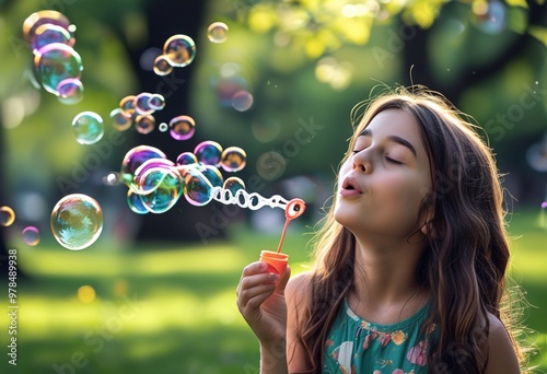 Girl Blowing Bubbles in a Park