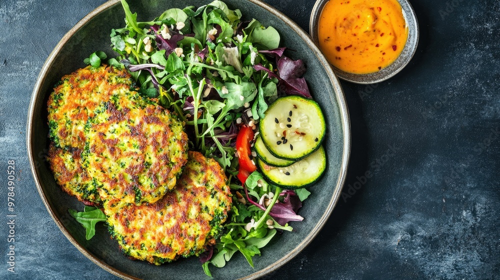 Golden-brown broccoli and zucchini fritters served with a fresh salad and a side of vegan sauce. A wholesome, plant-based meal that's both nutritious and delicious Golden-brown broccoli and zucchini fritters served with a fresh salad and a side of vegan sauce. A wholesome, plant-based meal that's both nutritious and delicious